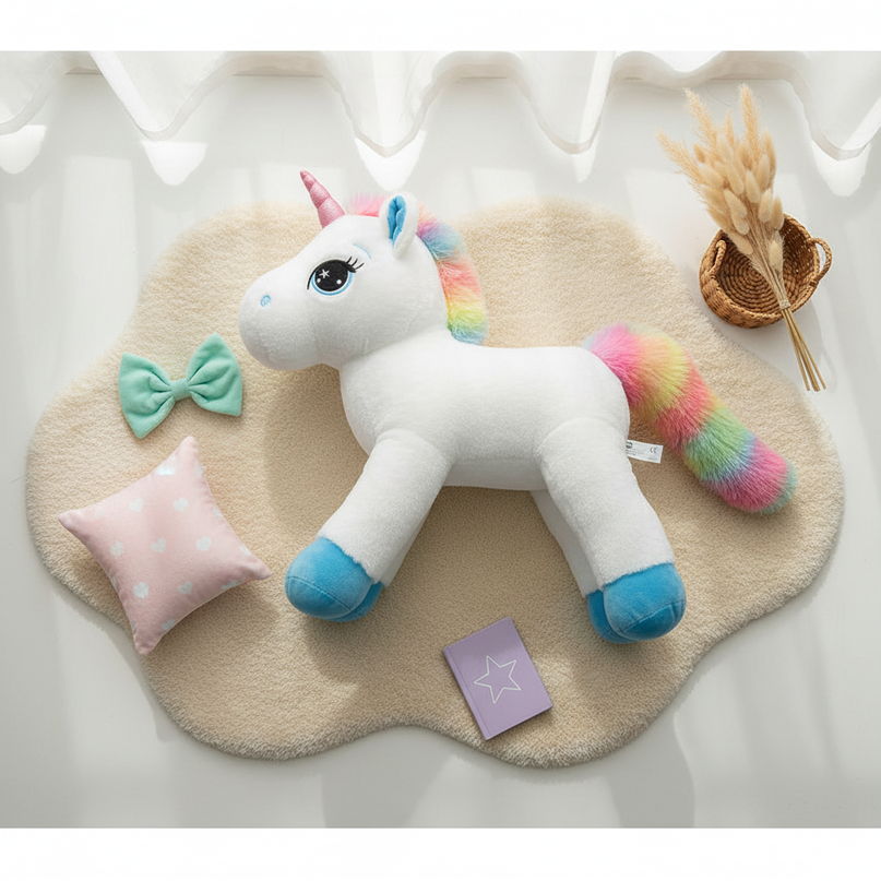 lying rainbow unicorn plush toy - flat-lay