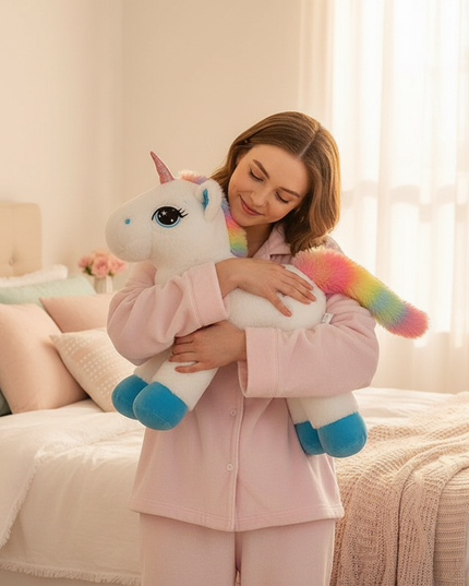 lying rainbow unicorn plush toy - in-use
