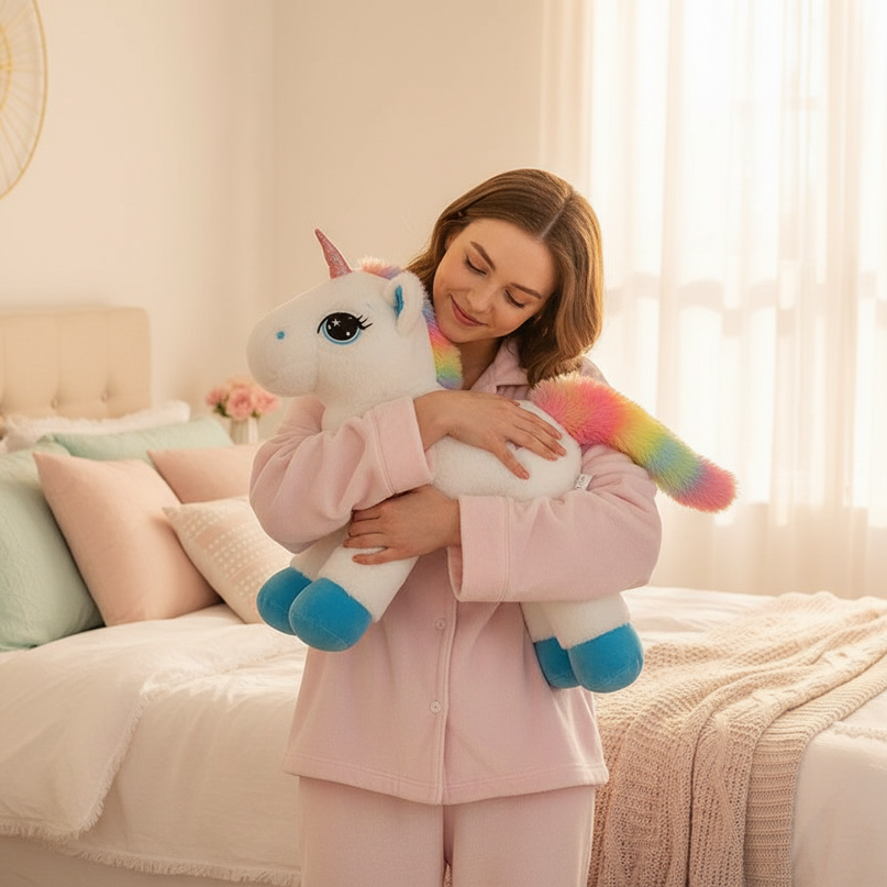 lying rainbow unicorn plush toy - in-use