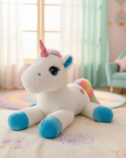 lying rainbow unicorn plush toy - lifestyle