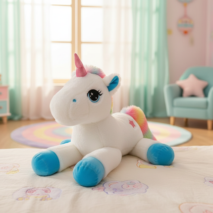 lying rainbow unicorn plush toy - lifestyle