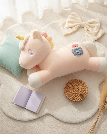 lying unicorn plush toy - flat-lay