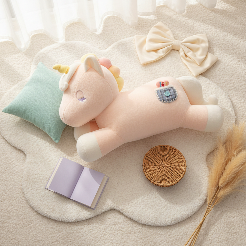 lying unicorn plush toy - flat-lay