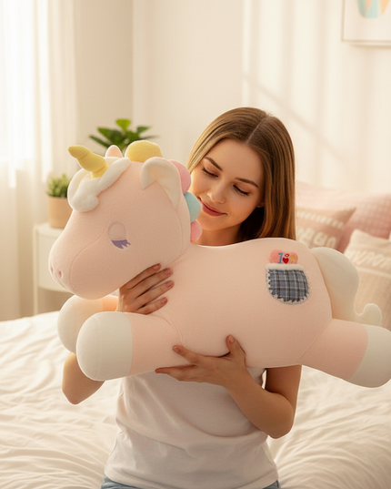 lying unicorn plush toy - in-use