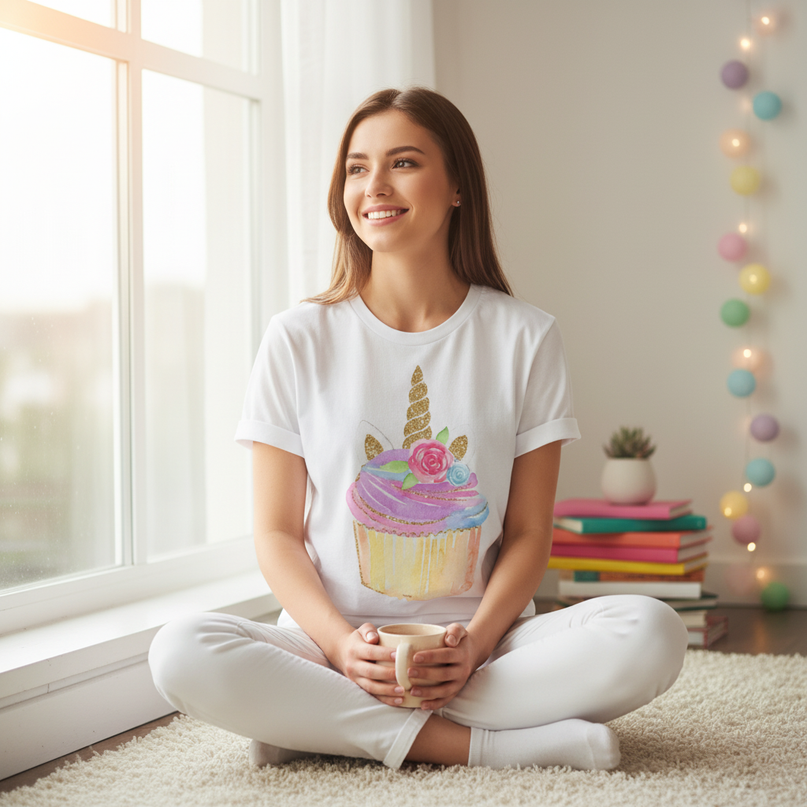 magic letter unicorn shirt - in-use