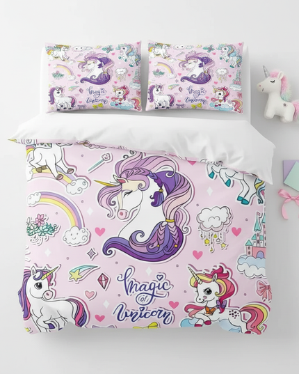 magic unicorn doodle bedding - flat-lay