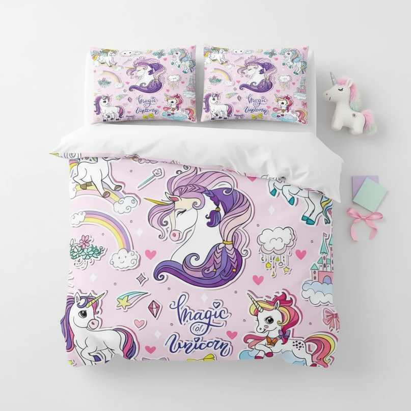 magic unicorn doodle bedding - flat-lay