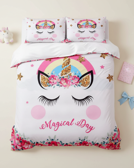 magical day floral unicorn bedding - flat-lay