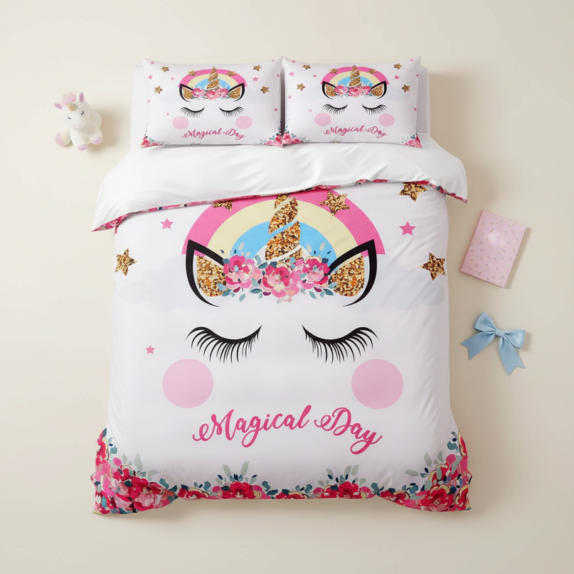 magical day floral unicorn bedding - flat-lay