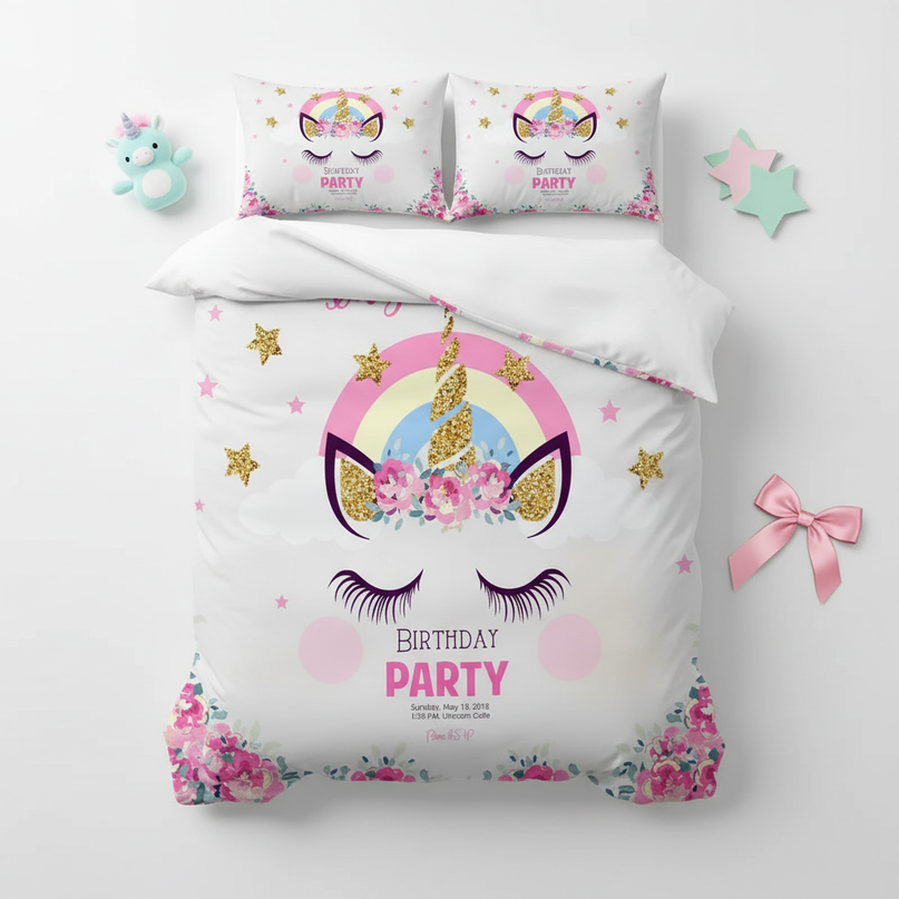 magical party unicorn bedding - flat-lay