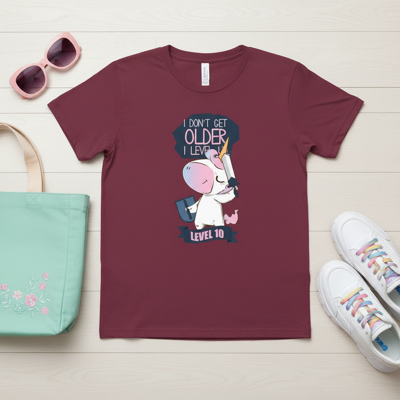 maroon unicorn shirt - flat-lay