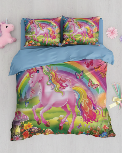 meadow mushroom unicorn bedding - flat-lay