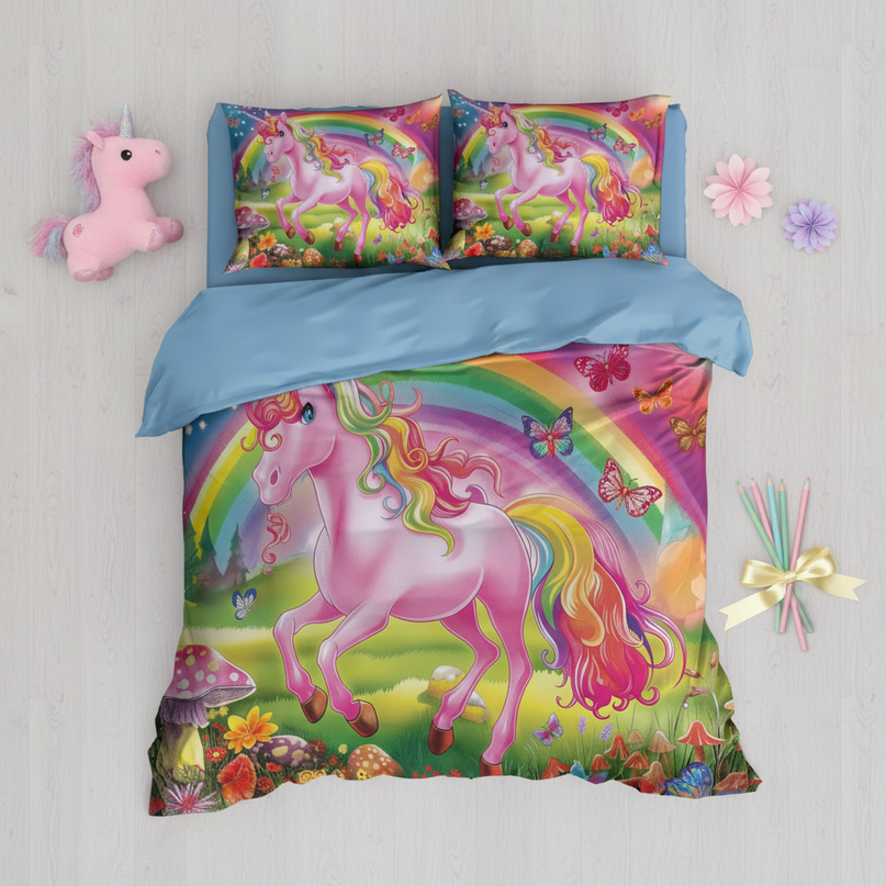 meadow mushroom unicorn bedding - flat-lay