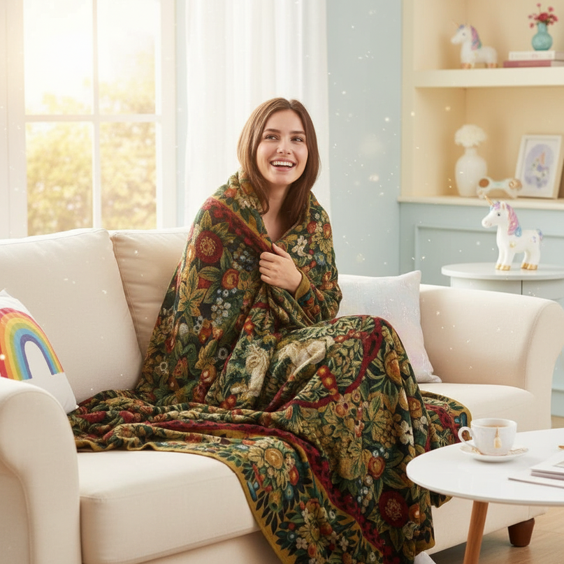 medieval unicorn blanket - in-use