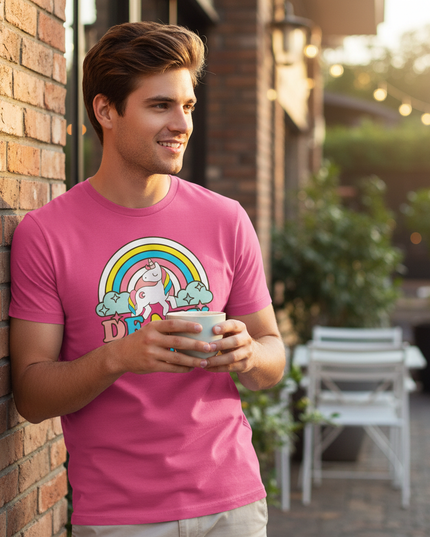 mens pink unicorn shirt - in-use