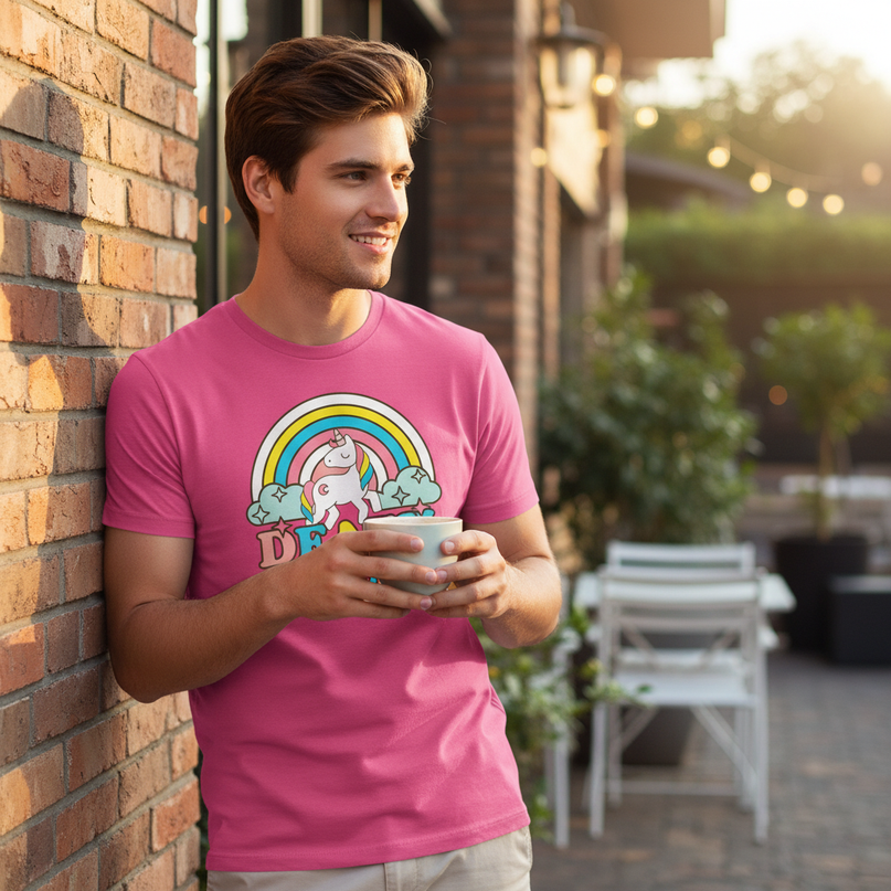 mens pink unicorn shirt - in-use