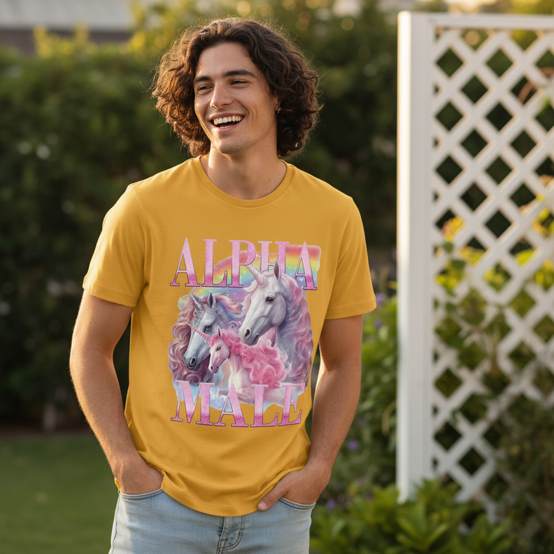 mens unicorn shirt - in-use