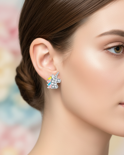mini unicorn earrings - in-use