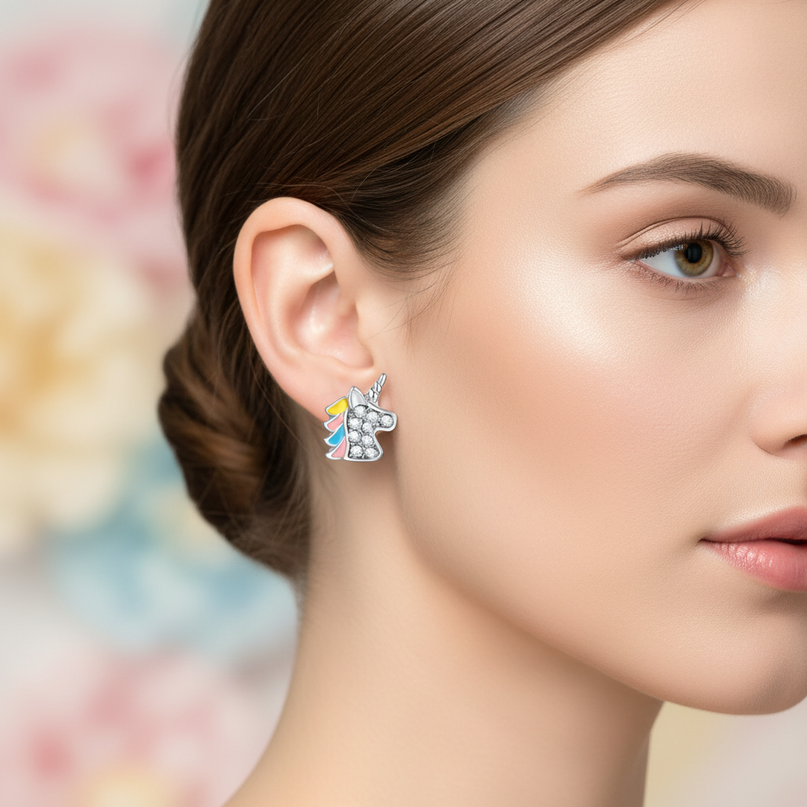 mini unicorn earrings - in-use