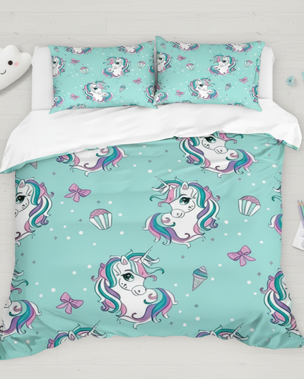 mint cupcake unicorn bedding - flat-lay