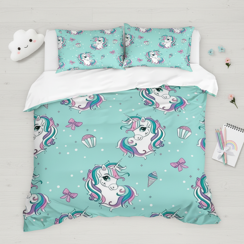 mint cupcake unicorn bedding - flat-lay