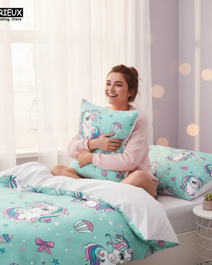 mint cupcake unicorn bedding - in-use