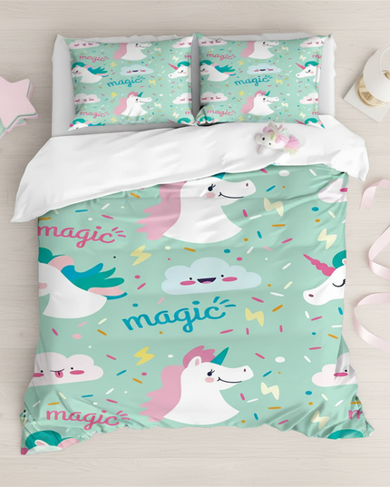 mint magic unicorn bedding - flat-lay