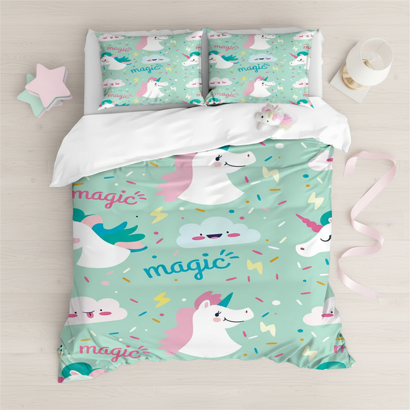 mint magic unicorn bedding - flat-lay