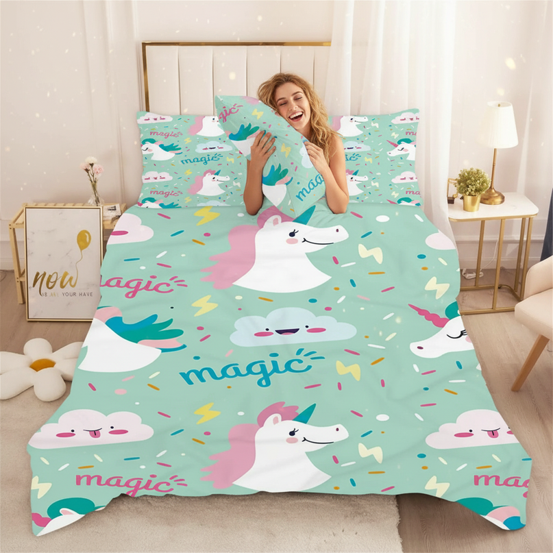 mint magic unicorn bedding - in-use