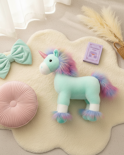 mint unicorn plush - flat-lay