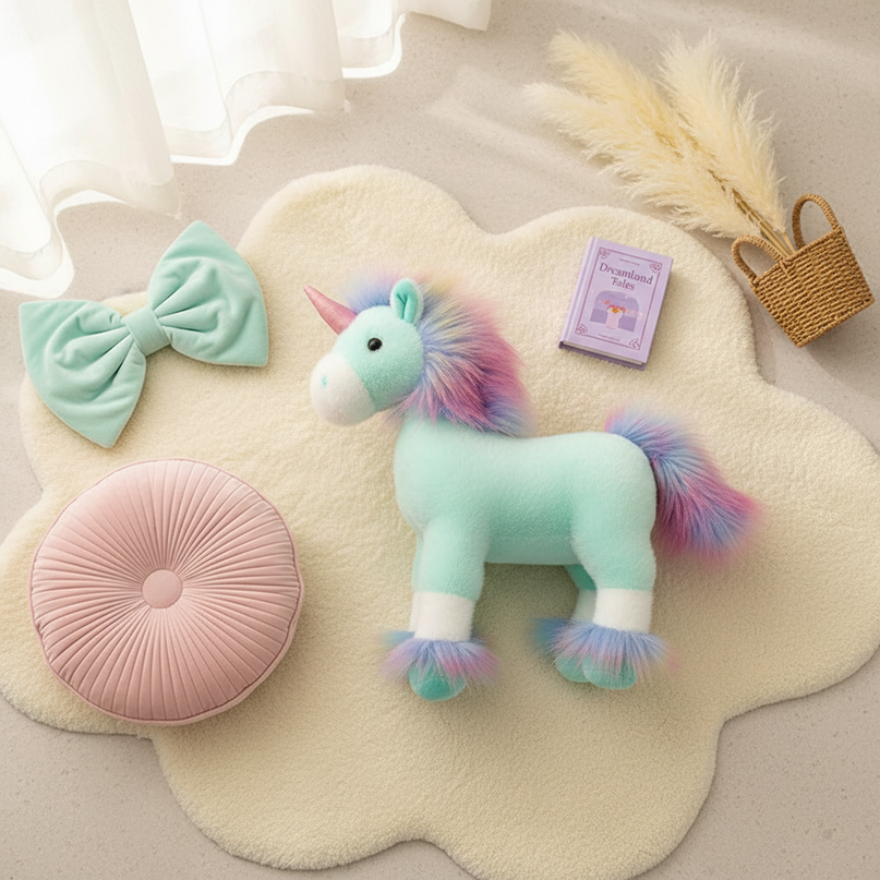 mint unicorn plush - flat-lay