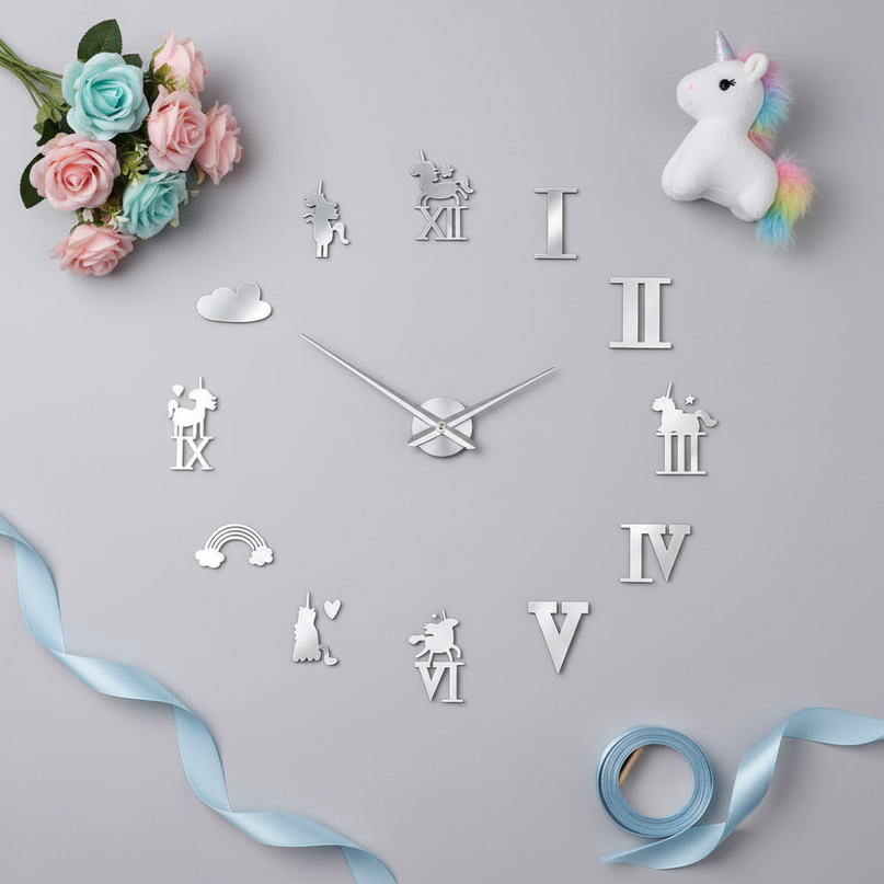 modern unicorn clock - flat-lay