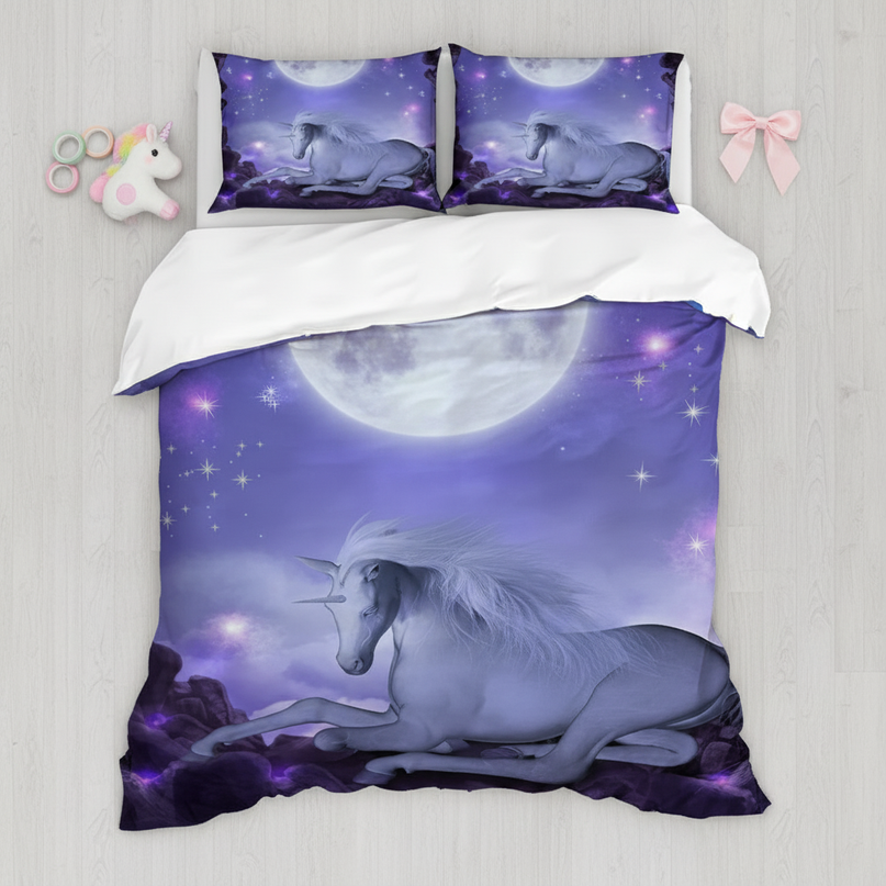 moonlight unicorn bedding - flat-lay