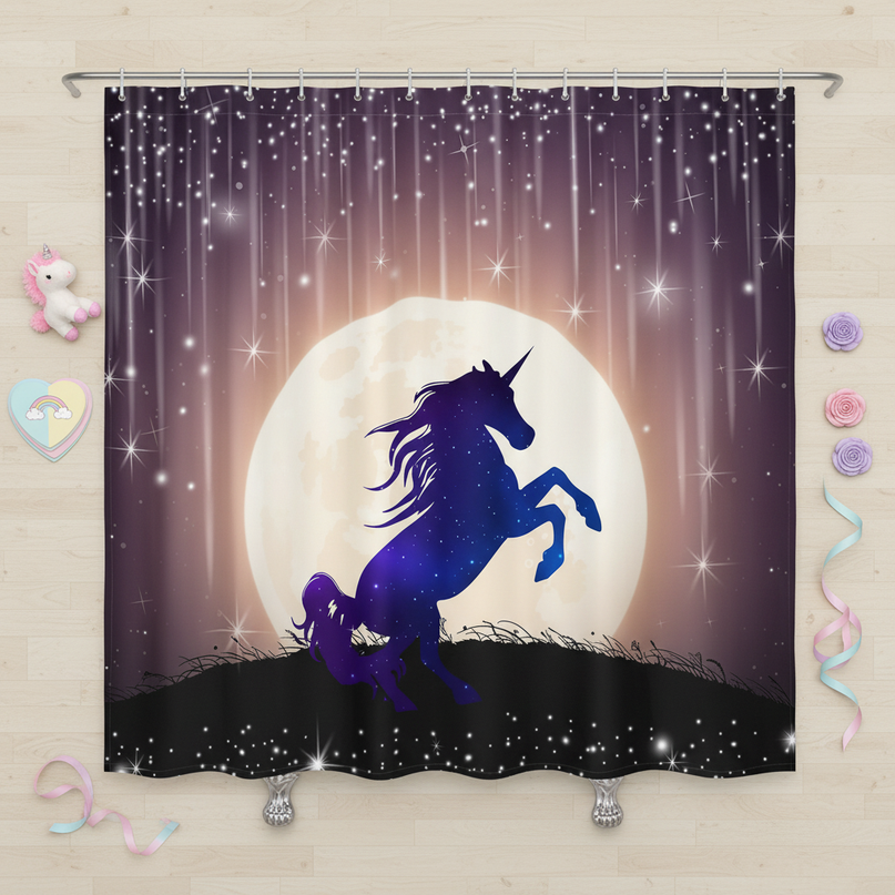 moonlight unicorn shower curtain - flat-lay