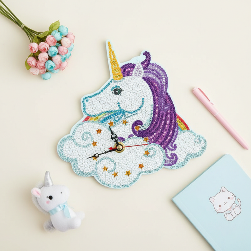 mosaic unicorn clock - flat-lay