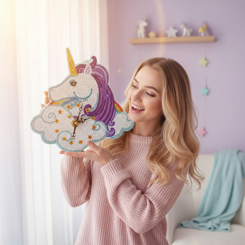 mosaic unicorn clock - in-use
