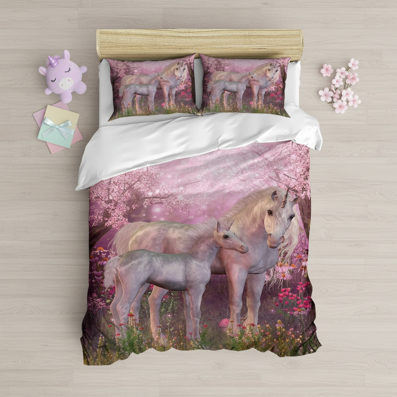 mother baby unicorn bedding - flat-lay