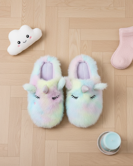 mule fluffy unicorn slippers - flat-lay