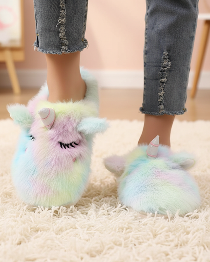 mule fluffy unicorn slippers - in-use