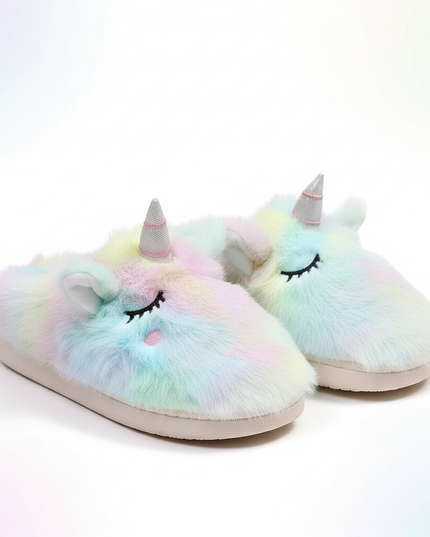 mule fluffy unicorn slippers - white-bg
