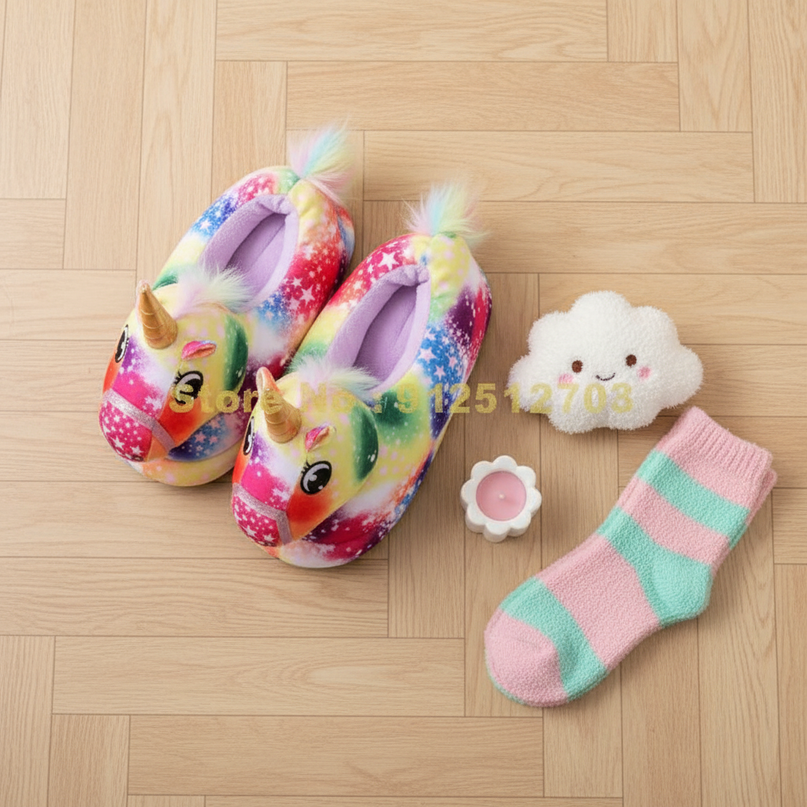 multi coloured unicorn slippers - flat-lay