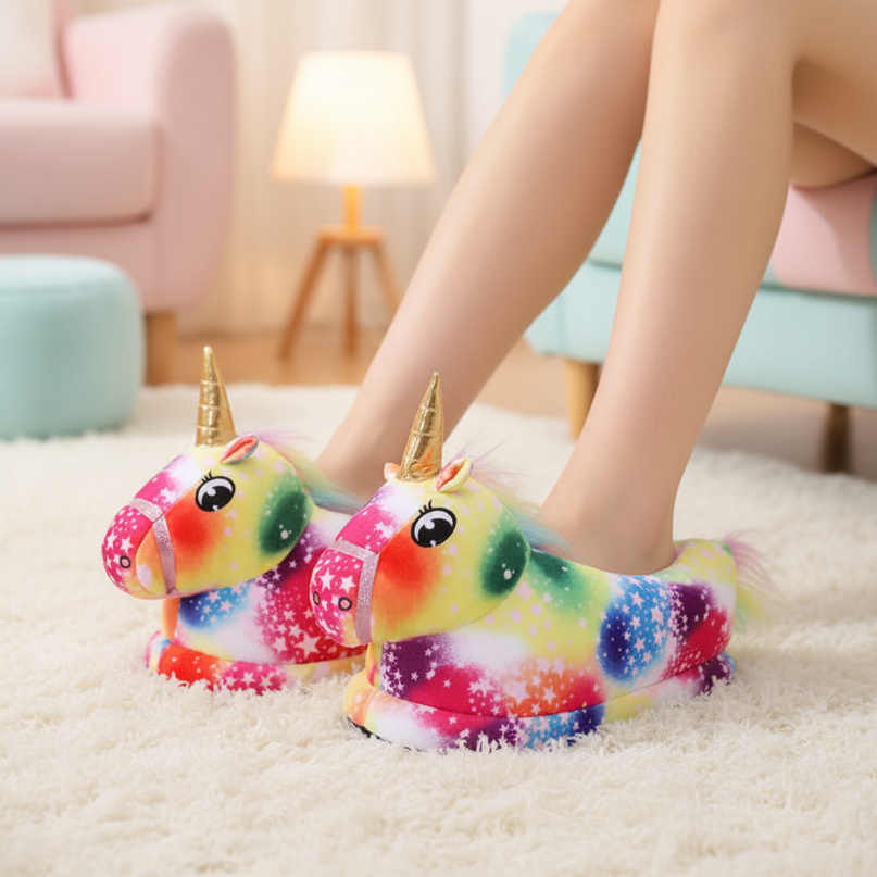 multi coloured unicorn slippers - in-use