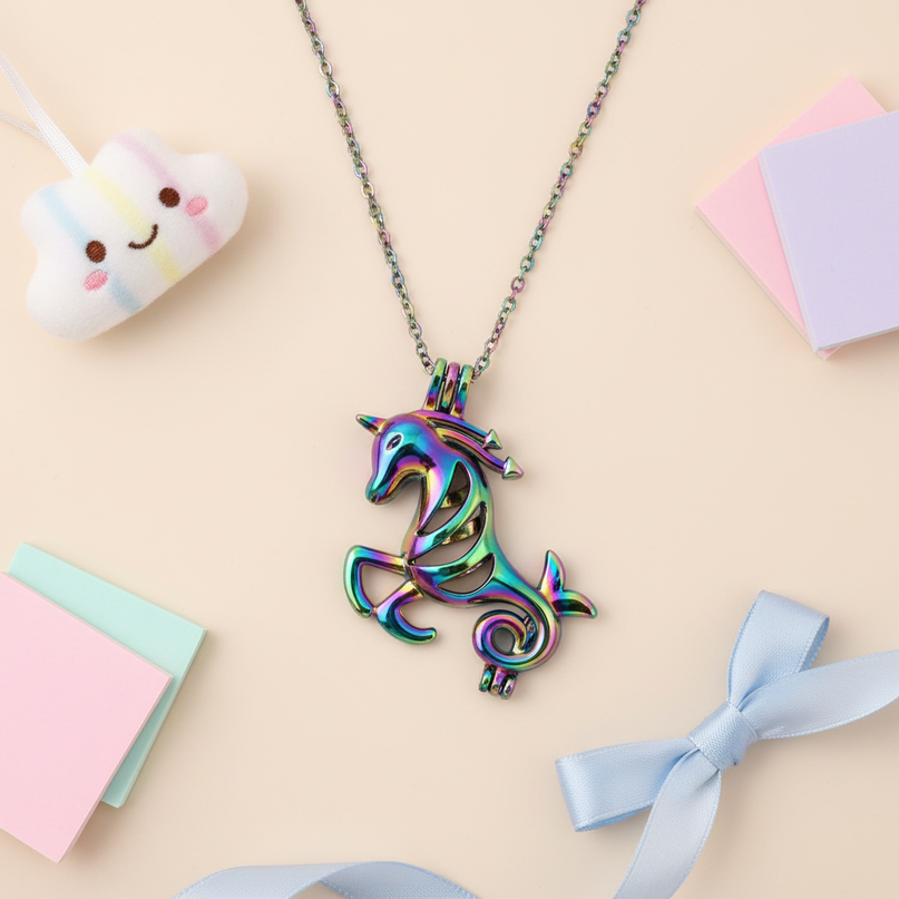 multicolored unicorn necklace - flat-lay