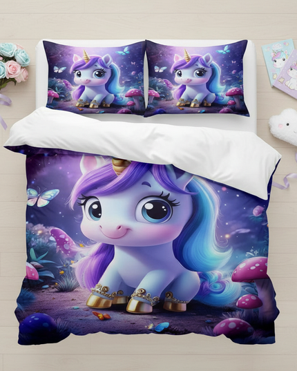 mushroom forest chibi unicorn bedding - flat-lay