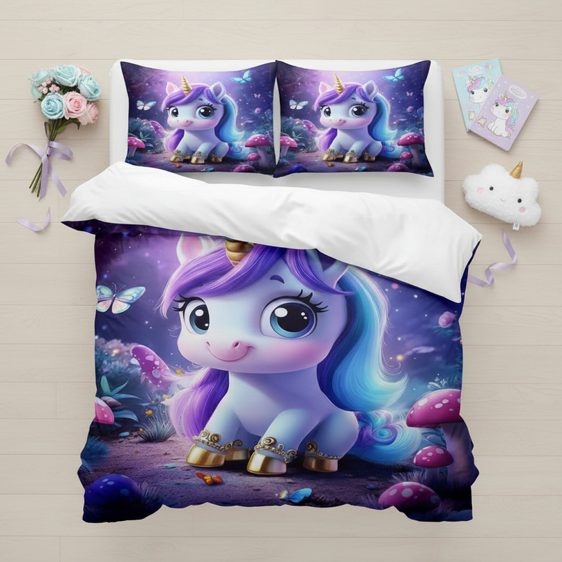 mushroom forest chibi unicorn bedding - flat-lay