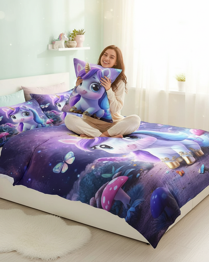 mushroom forest chibi unicorn bedding - in-use