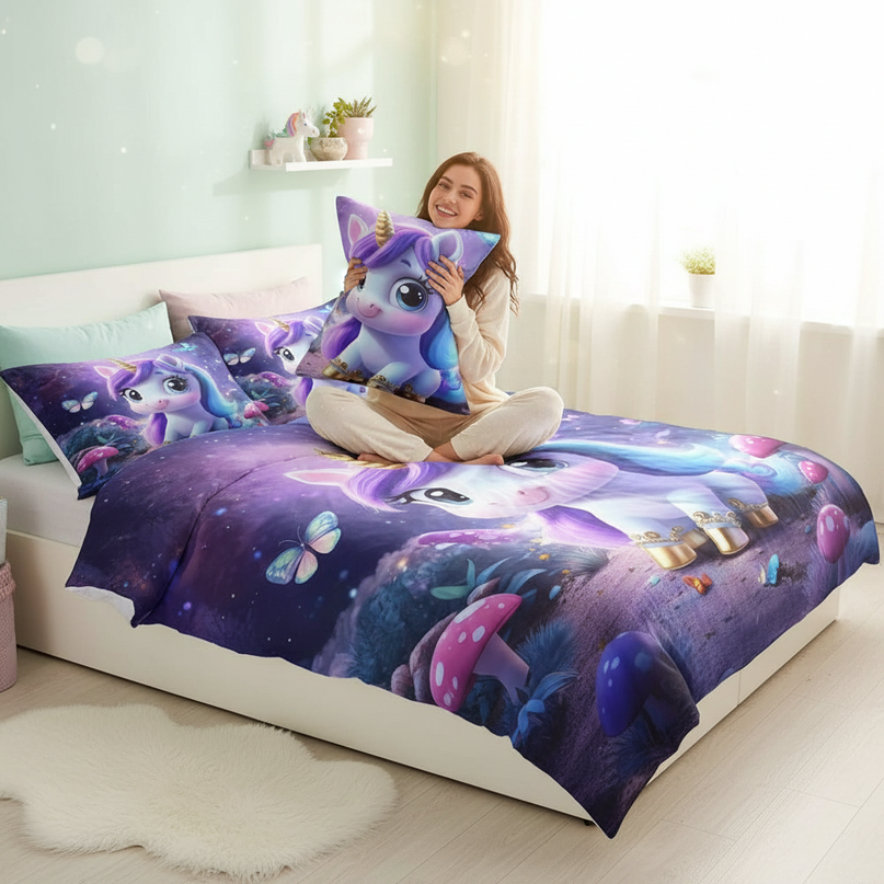 mushroom forest chibi unicorn bedding - in-use