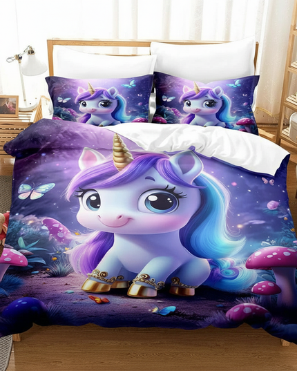 mushroom forest chibi unicorn bedding - white-bg