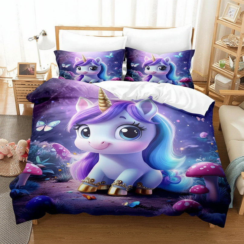 mushroom forest chibi unicorn bedding - white-bg