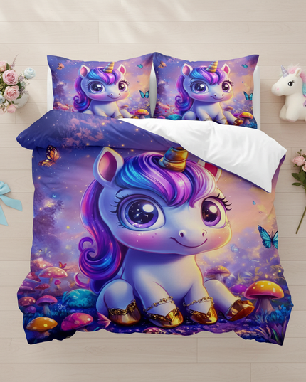 mushroom wonderland unicorn bedding - flat-lay